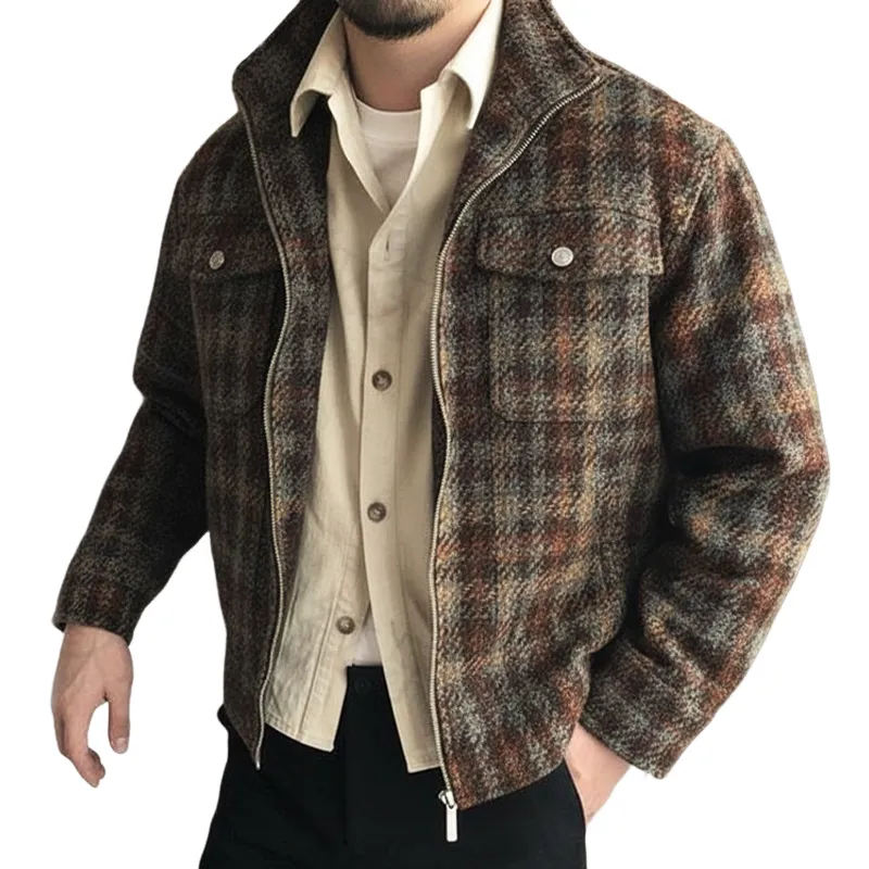 Men's Vintage Plaid Faux Woolen Zipper Stand Collar Jacket MTA1393J9U sold by Manly