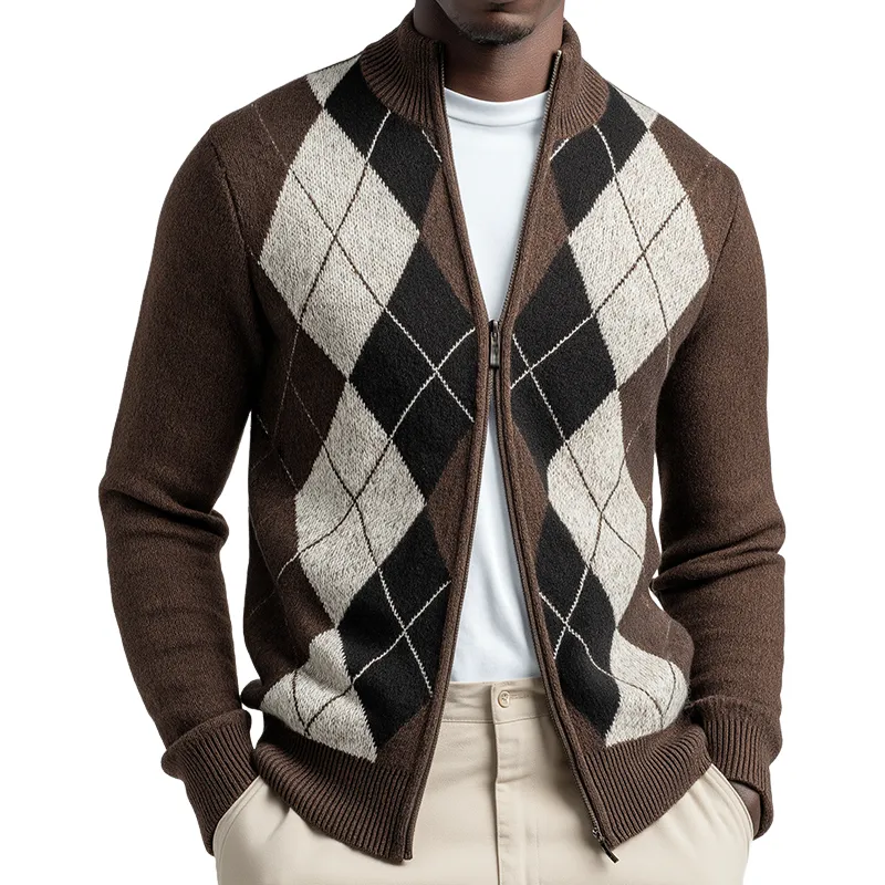 Men's Retro Casual Diamond Colorblock Double Zipper Stand Collar Sweater MTA1093J2TO sold by Manly