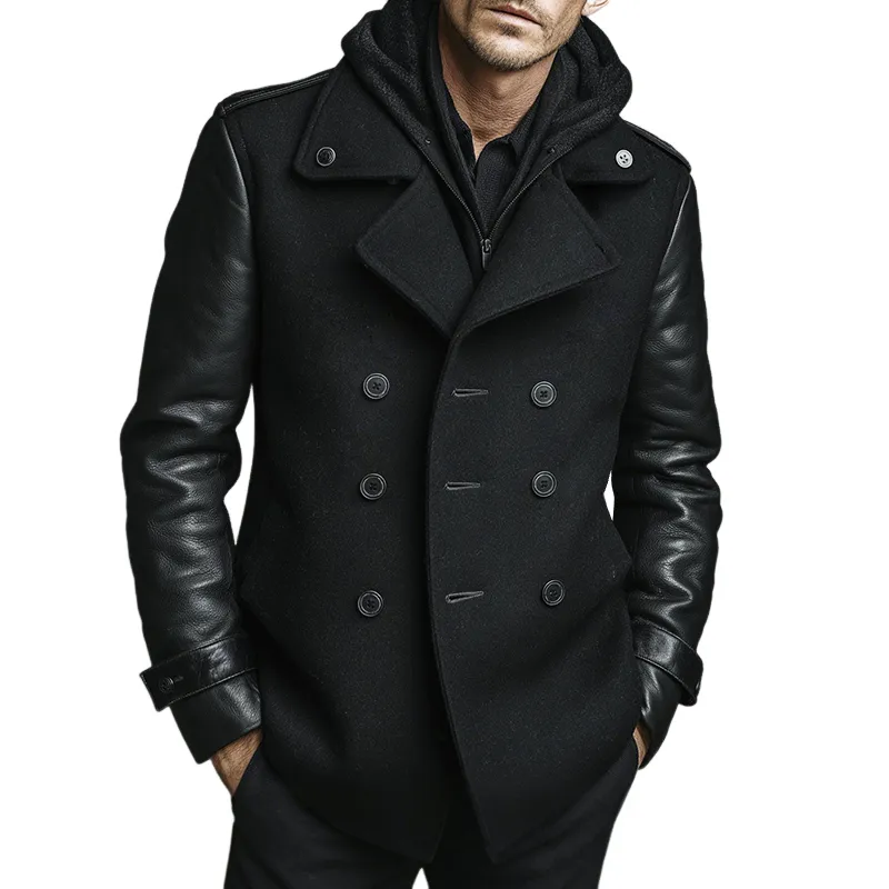 Men's Vintage Casual Faux Leather Panelled Double Breasted Jacket MTA1077J4TO sold by Manly