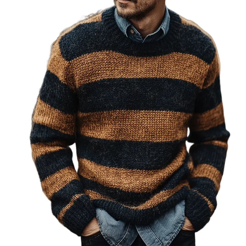 Men's Retro Casual Striped Colorblock Crew Neck Sweater MTA1027J9TO sold by Manly