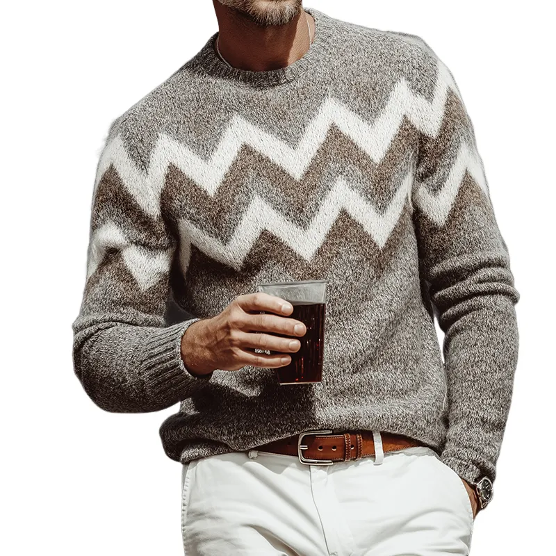 Men's Retro Casual Zigzag Striped Colorblock Crew Neck Sweater MTA1045J7TO sold by Manly