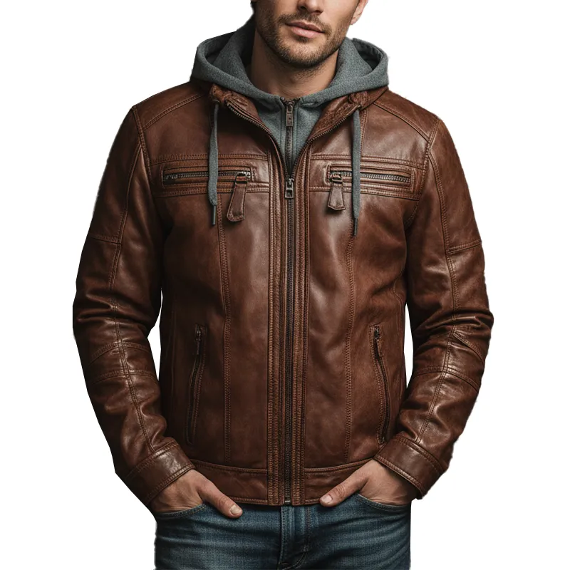 Men's Winter Fake Two-Piece Hooded Zipper Leather Jacket MTA1100J0P sold by Manly