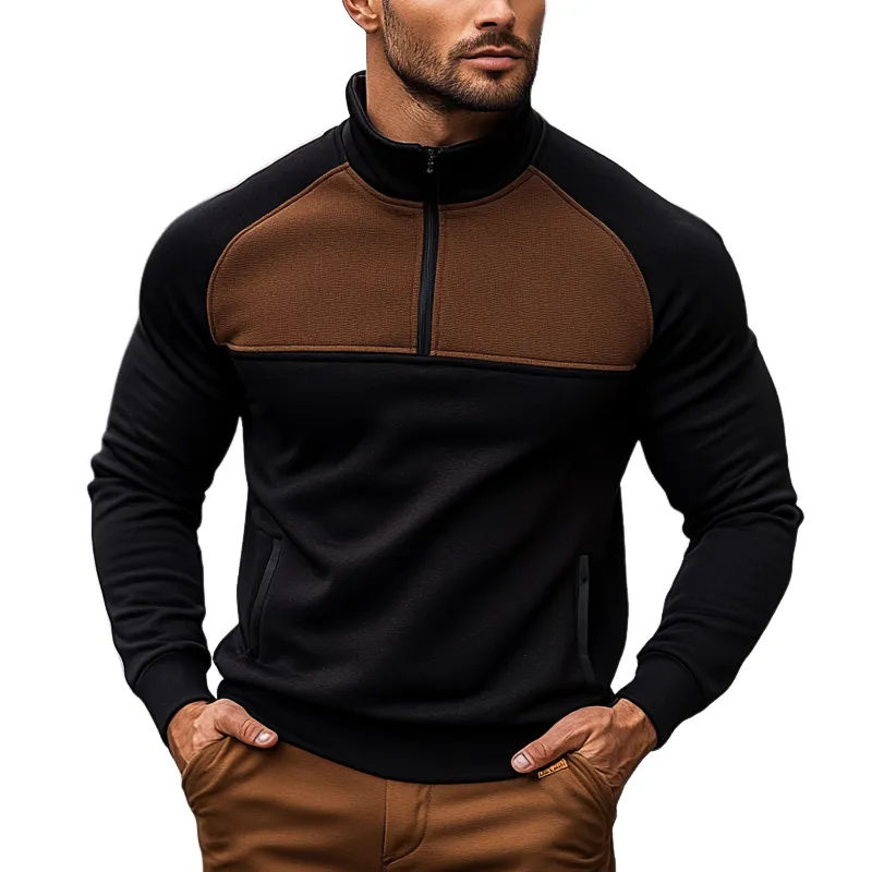 Men's Contrast Color Stand Collar Half Zip Blend Long Sleeve Sweatshirt MTA1309J2X sold by Manly