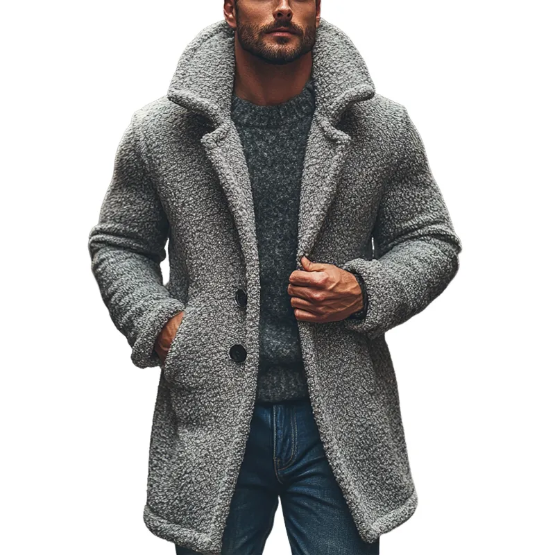 Men's Blended Polar Fleece Lapel Mid-length Coat MTA1329J6X sold by Manly