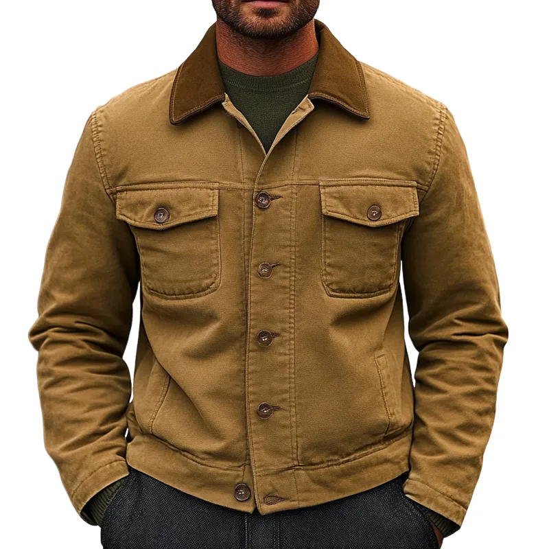 Men's Cotton Contrast Lapel Single-breasted Washed Work Jacket MTA1392J1X sold by Manly