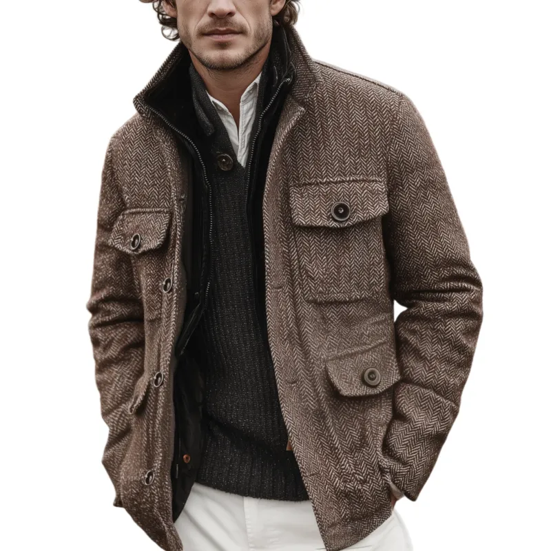 Men's Classic Casual Stand-up Collar Multi-pocket Faux Herringbone Woolen Jacket MTA1618J9K sold by Manly
