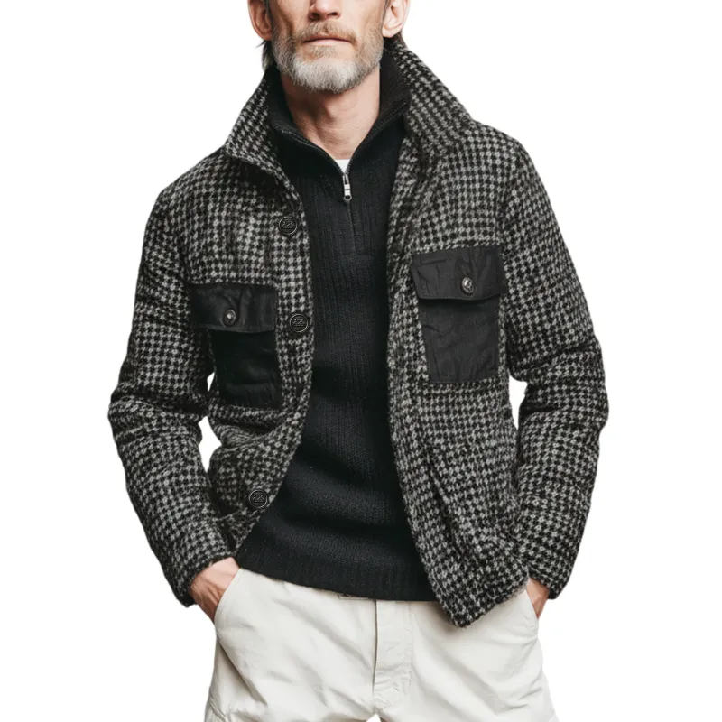 Men's Classic Casual Pocket Cotton Blend Stand Collar Faux Houndstooth Wool Jacket MTA1683J6K sold by Manly