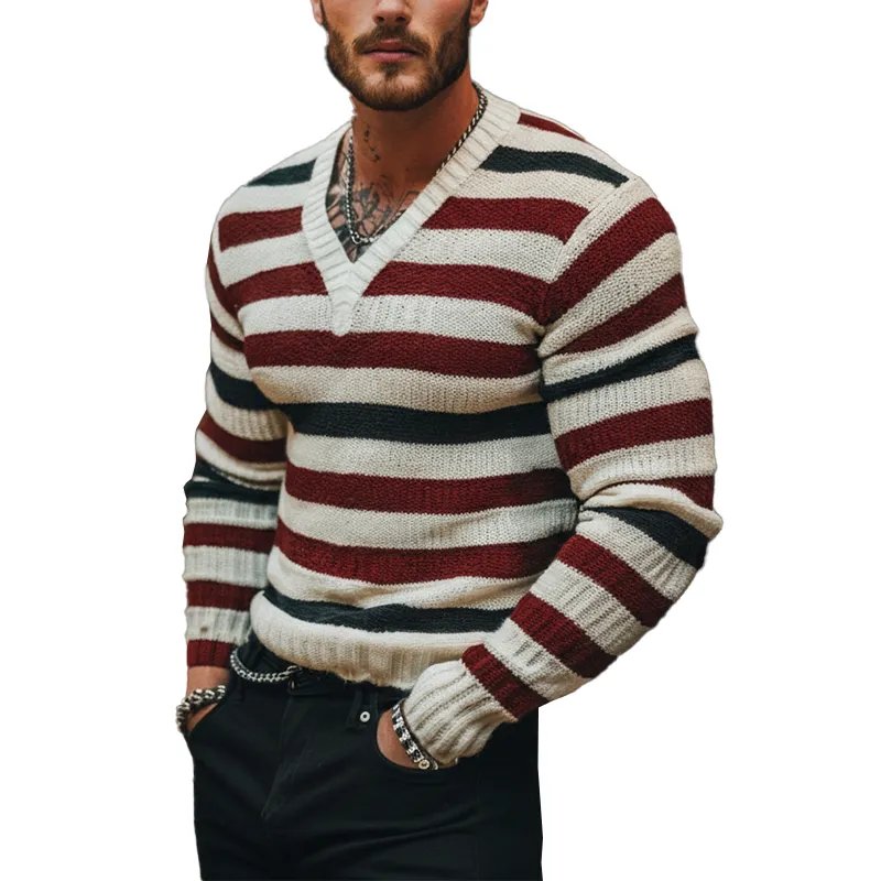 Men's Autumn Retro Contrast Striped Cotton Knitted V-Neck Sweater MTA1669J6P sold by Manly
