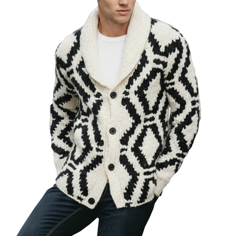 Men's Winter Simple Knitted Jacquard Shawl Collar Cotton Cardigan MTA1678J3P sold by Manly