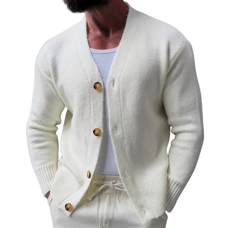 Men's Vintage Casual Cotton Yarn Button Knitted Sweater Collarless Cardigan MTA0940J2TO sold by Manly