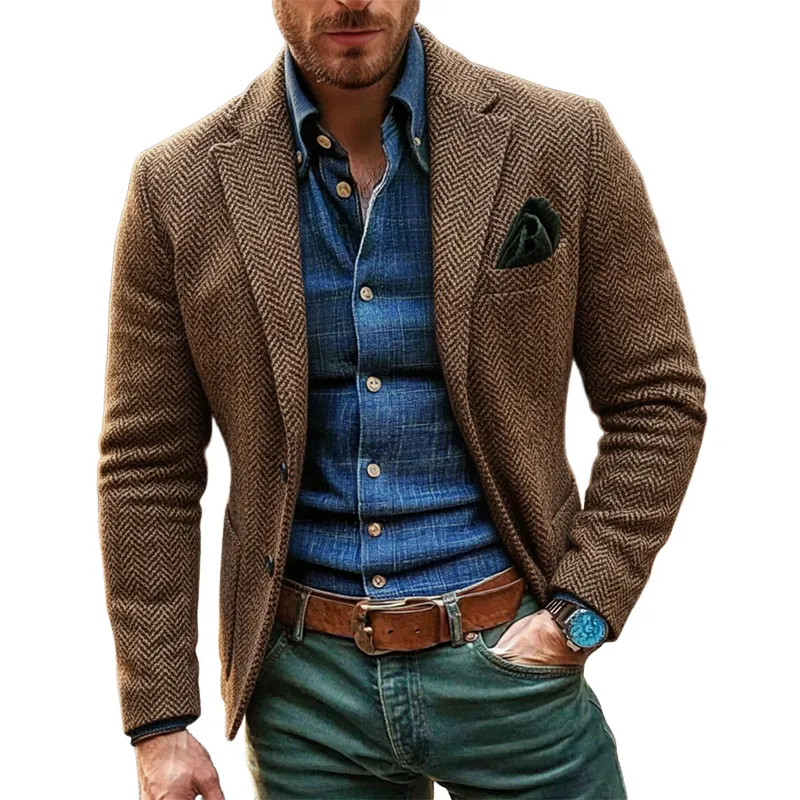 Men's Herringbone Vintage Faux Tweed Lapel Blazer MTA1590J7X sold by Manly
