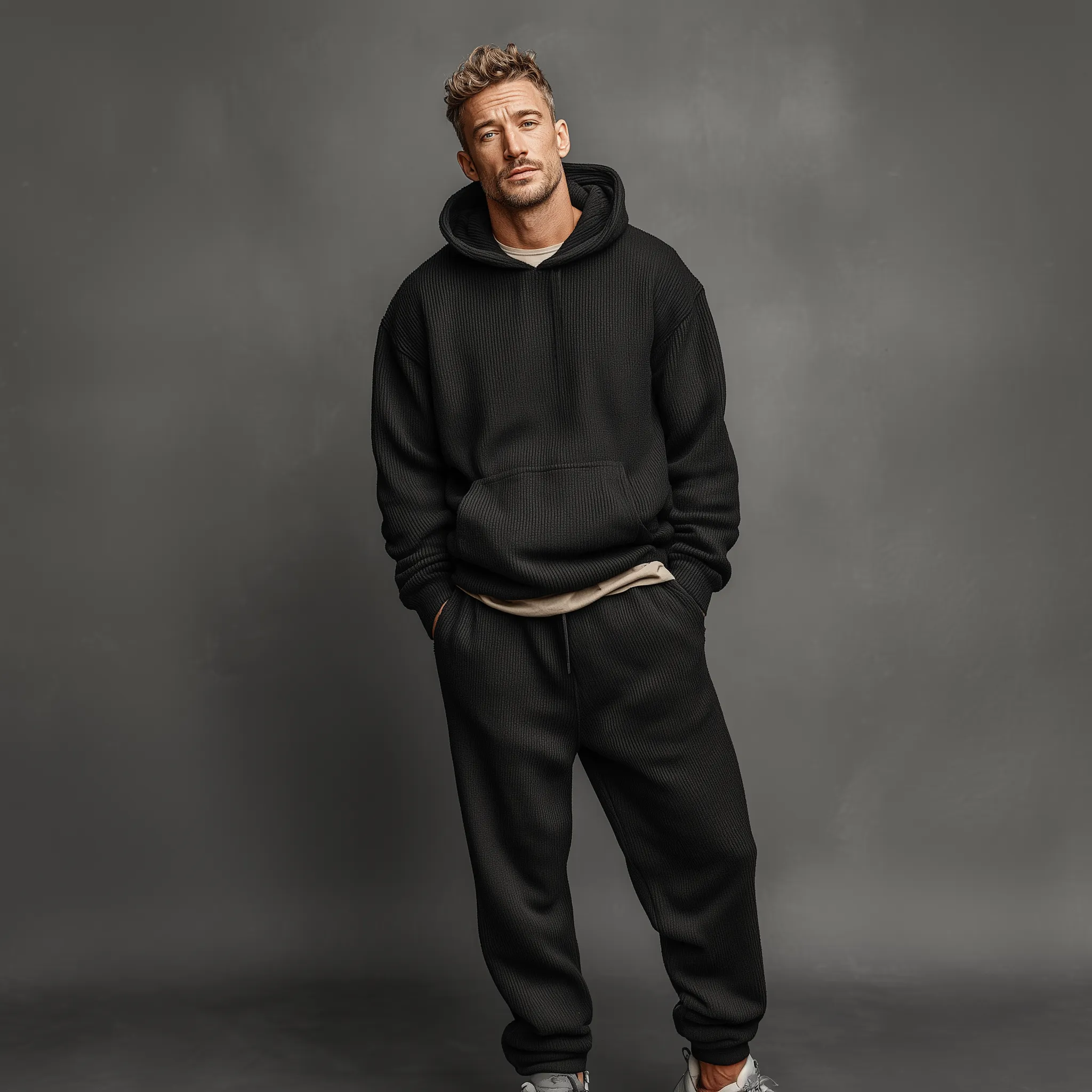 Men's Classic Casual Striped Knit Hooded Sweatshirt Elastic Waist Pants Set MTA1541J0K sold by Manly product image thumbnail 2