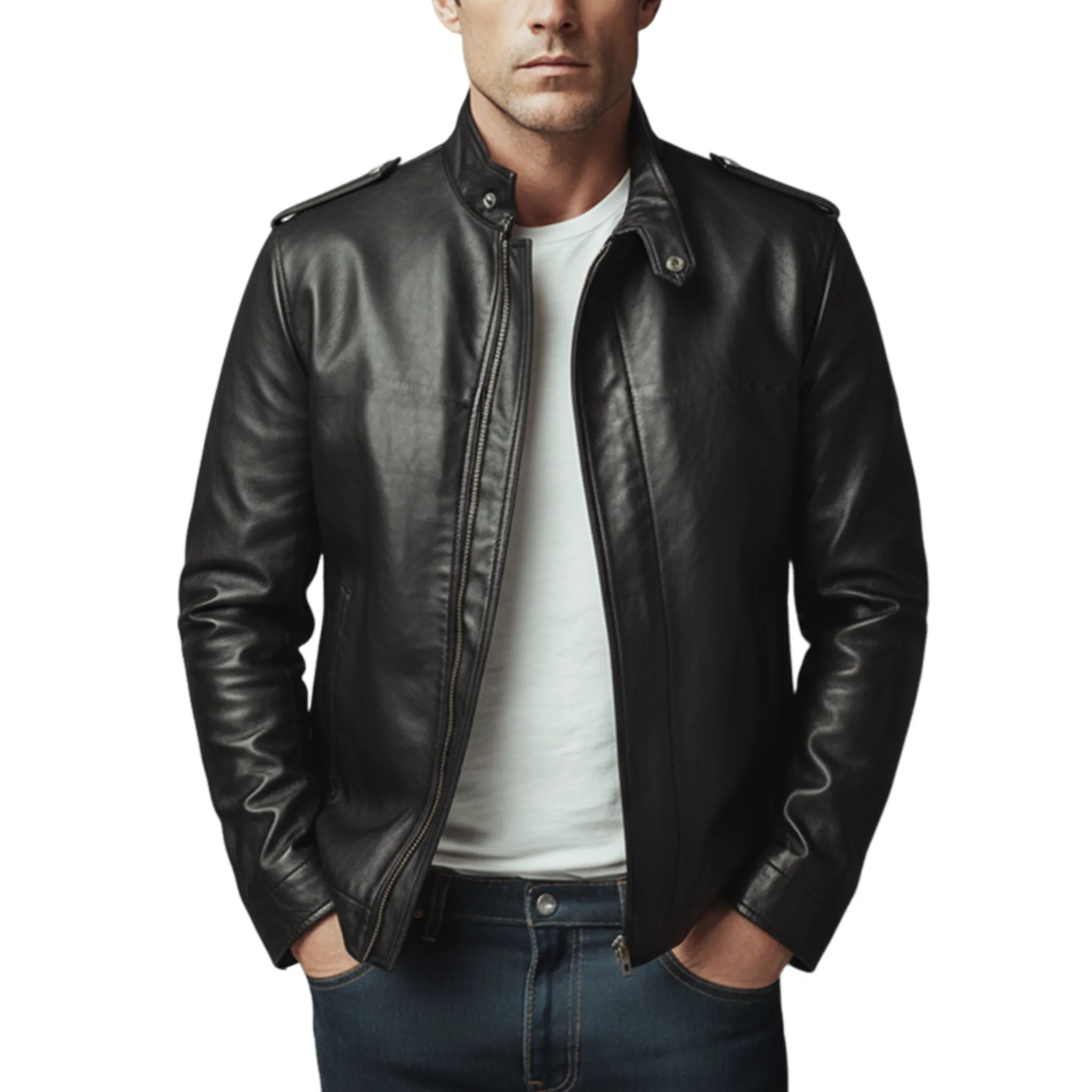 Men's Classic Casual Stand-up Lapel Zipper PU Leather Jacket MTA1593J3K sold by Manly