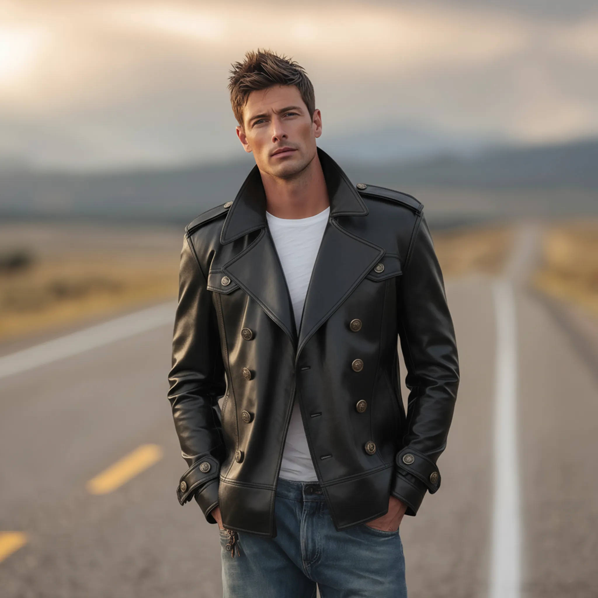 Men's Classic Casual Lapel Double-breasted PU Leather Jacket MTA1587J1K sold by Manly product image thumbnail 2