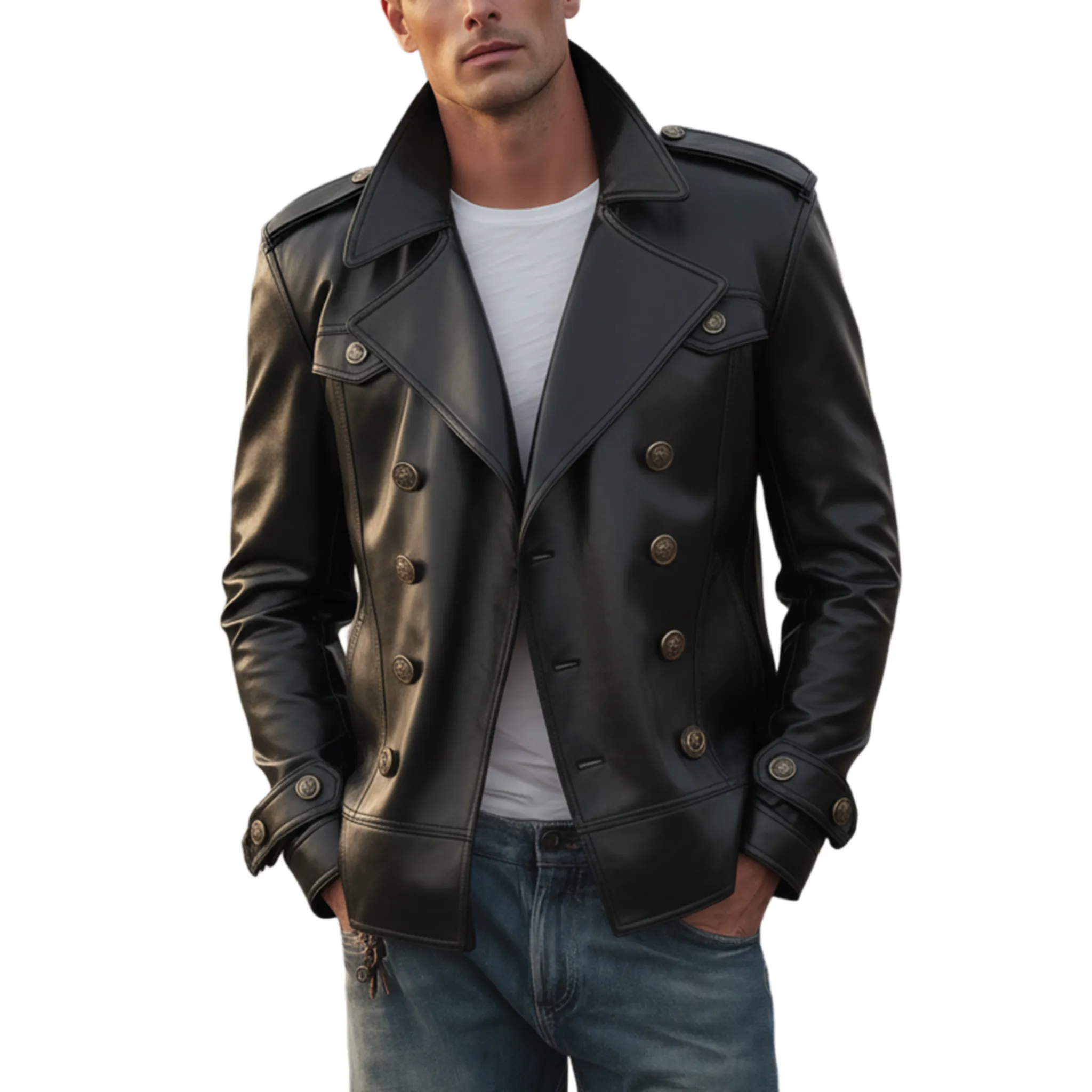 Men's Classic Casual Lapel Double-breasted PU Leather Jacket MTA1587J1K sold by Manly