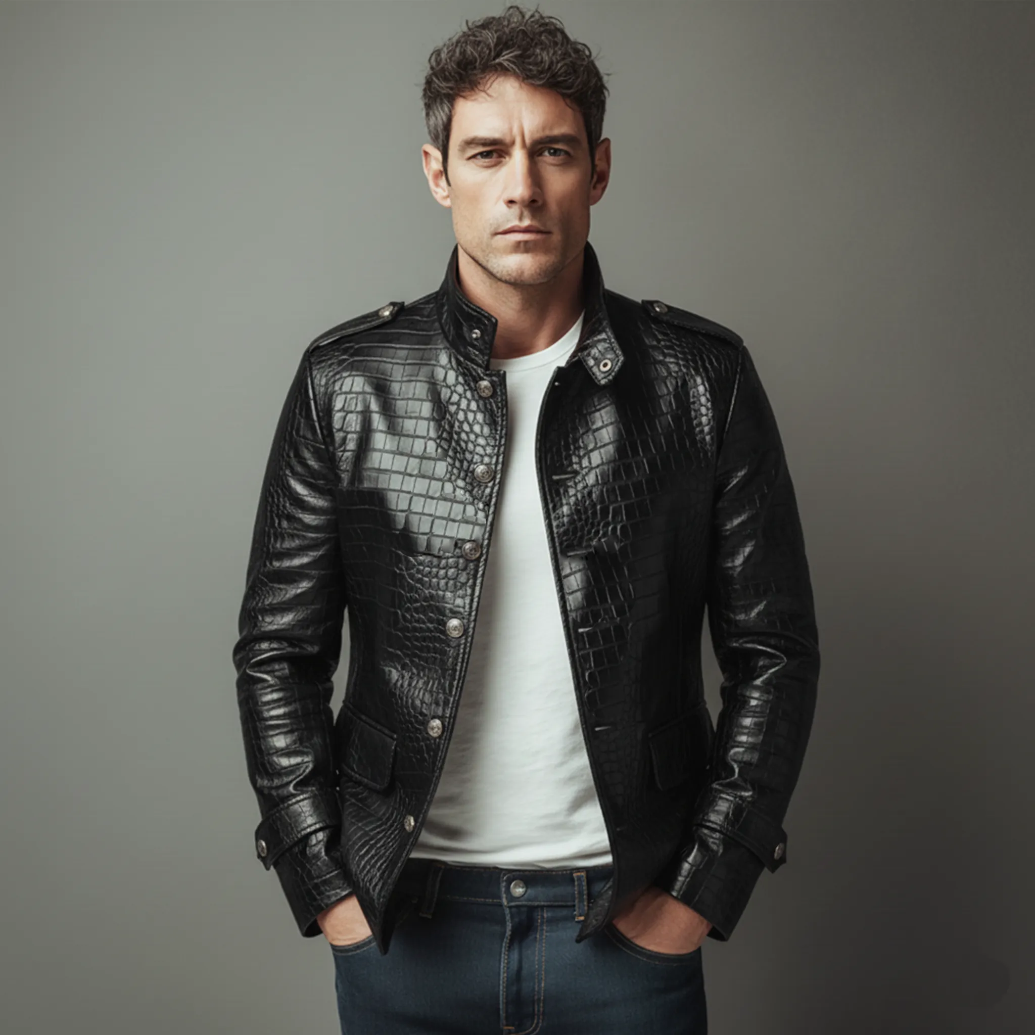 Men's Classic Casual Stand Collar Crocodile Leather Texture Pu Leather Jacket MTA1571J1K sold by Manly product image thumbnail 2