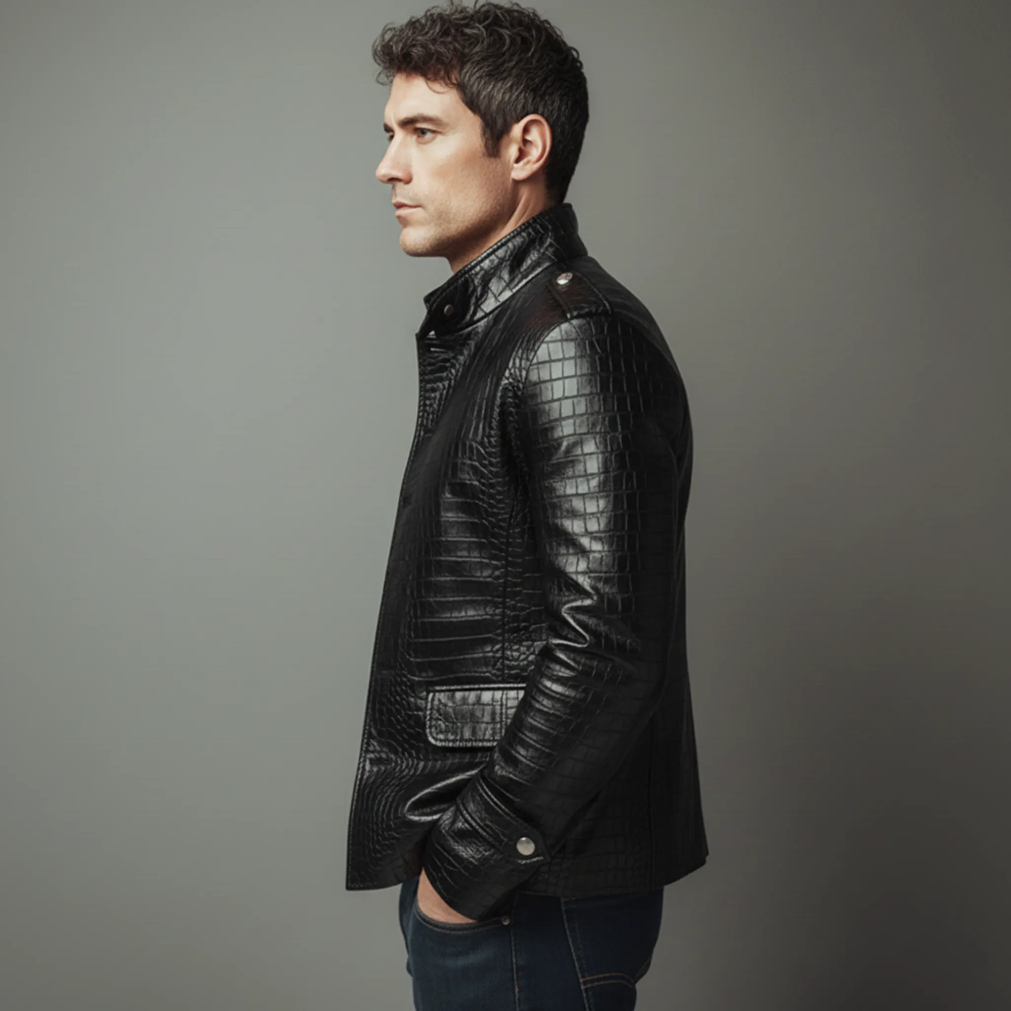 Men's Classic Casual Stand Collar Crocodile Leather Texture Pu Leather Jacket MTA1571J1K sold by Manly product image thumbnail 3