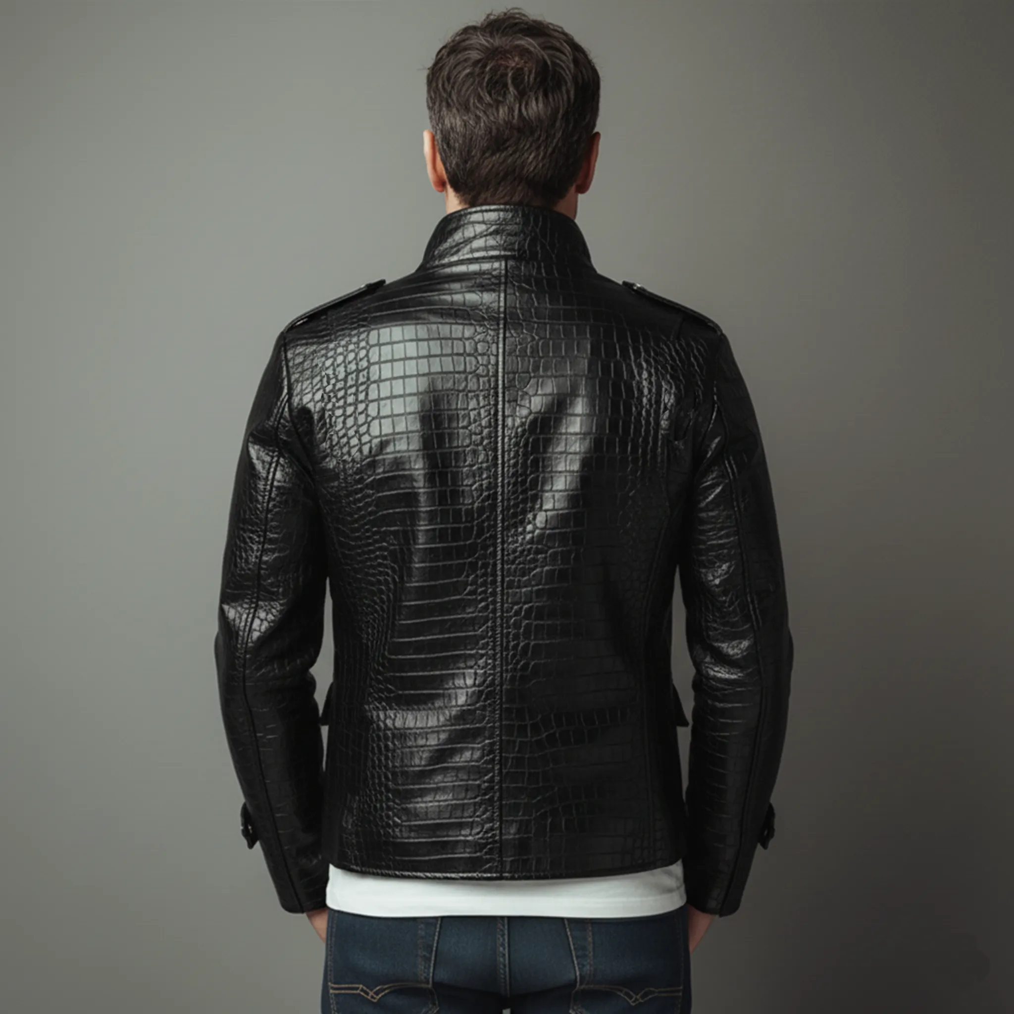 Men's Classic Casual Stand Collar Crocodile Leather Texture Pu Leather Jacket MTA1571J1K sold by Manly product image thumbnail 4