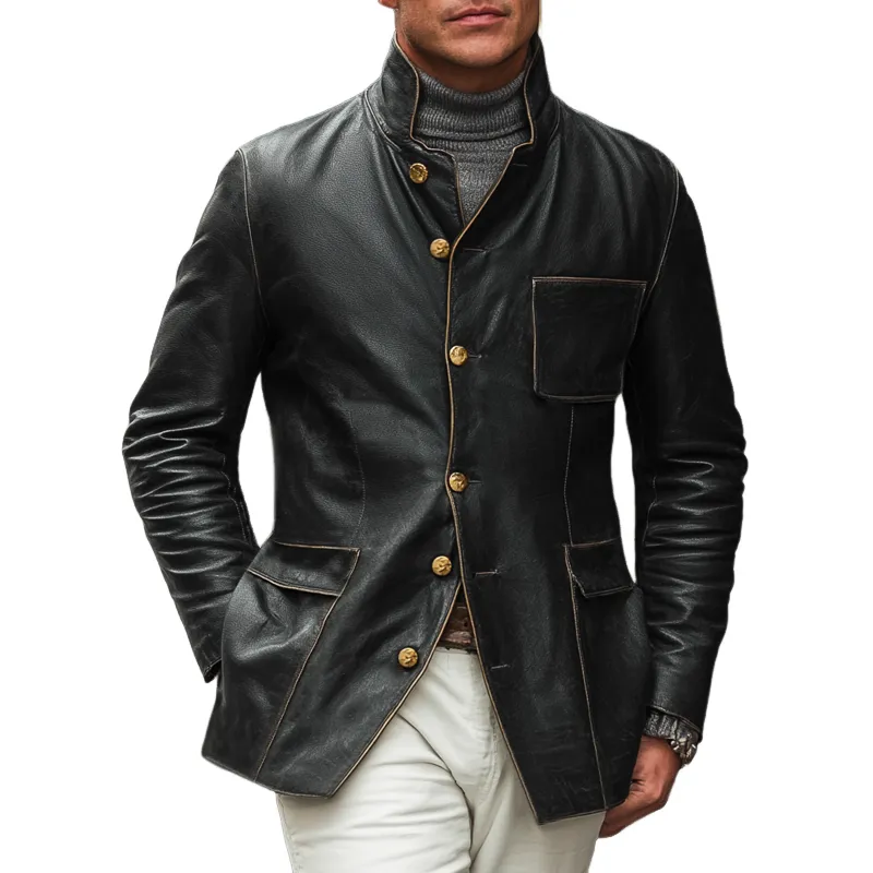 Men's Classic Slim-fit Stand-up Collar PU Leather Jacket MTA1366J1U sold by Manly