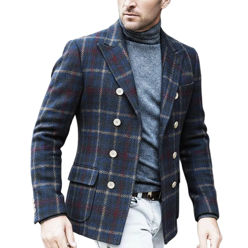 Men's Classic Business Plaid Double-Breasted Blazer MTA1519J6U sold by Manly