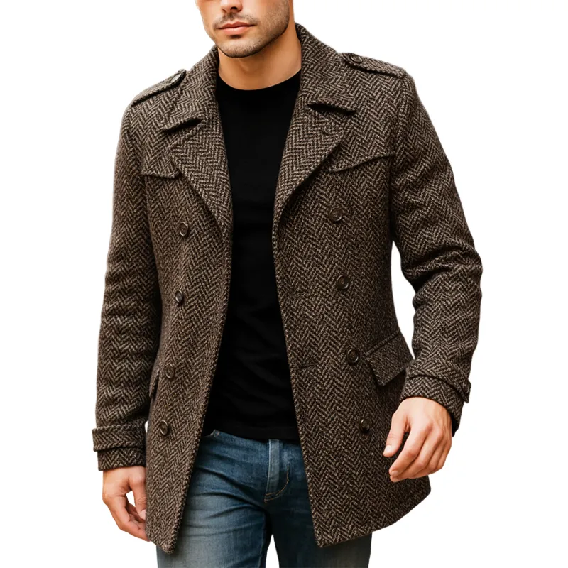 Men's Classic Dark Brown Herringbone Faux Wool Short Coat MTA1586J6U sold by Manly