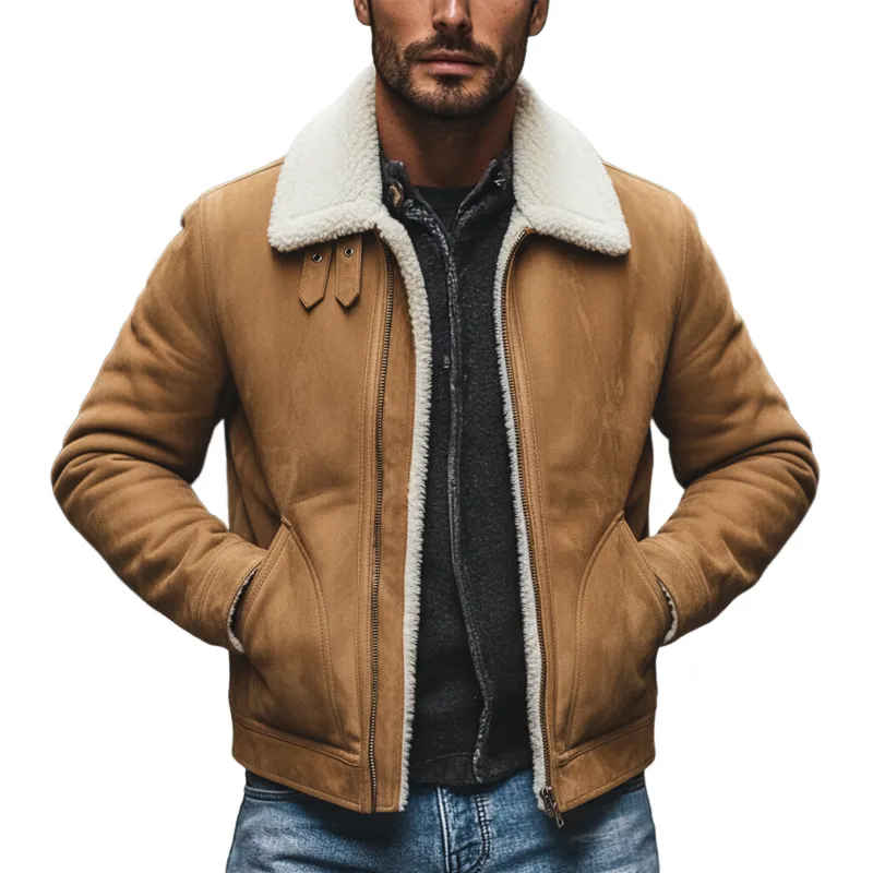 Men's Vintage Faux Suede Polar Fleece Panel Lapel Zipper Jacket MTA1414J1X sold by Manly