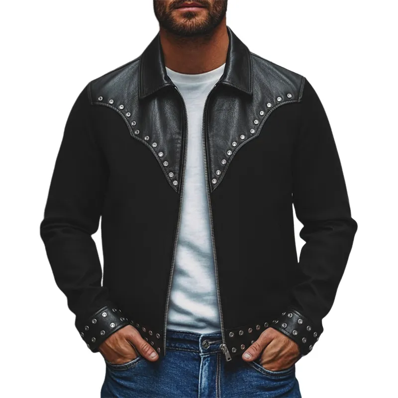 Men's Western Cowboy Style PU Stitching Faux Woolen Lapel Zipper Jacket MTA1498J6X sold by Manly