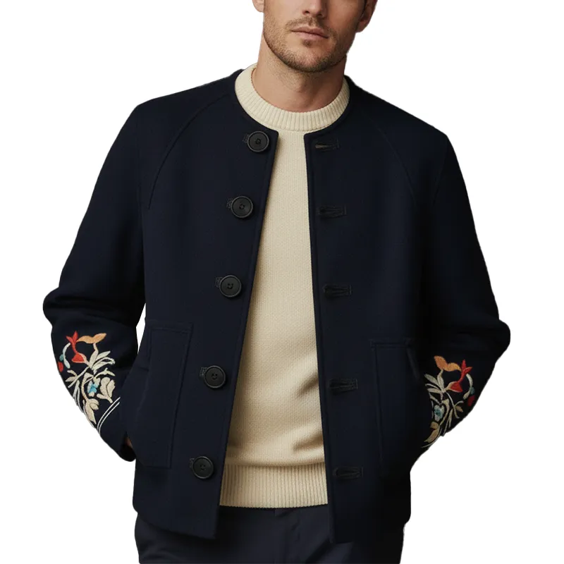 Men's Winter Simple Embroidered Faux Wool Round Neck Jacket MTA1506J2P sold by Manly