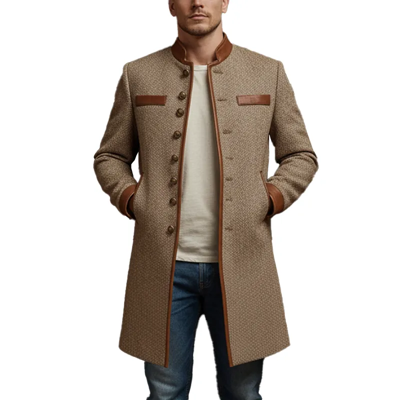 Men's Winter Fashion PU Patch Herringbone Faux Wool Mid-Length Coat MTA1503J9P sold by Manly