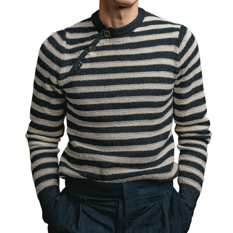 Men's Vintage Casual Navy Striped Knit Button Pullover Crew Neck Sweater MTA1494J6TO sold by Manly