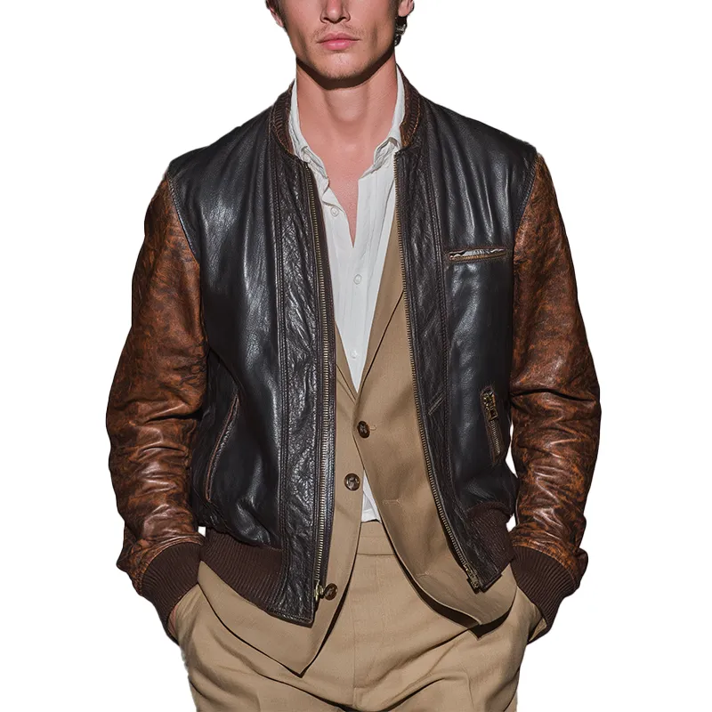 Men's Winter Fashion Contrast Color Stitching PU Leather Jacket MTA1418J2P sold by Manly