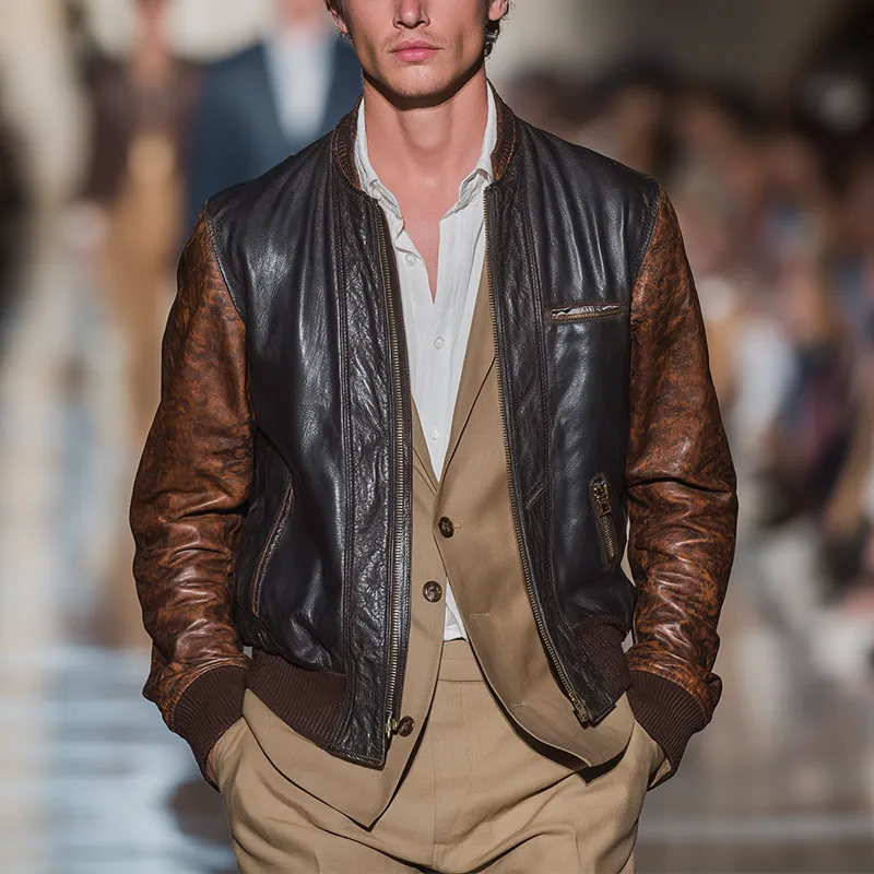 Men's Winter Fashion Contrast Color Stitching PU Leather Jacket MTA1418J2P sold by Manly product image thumbnail 2