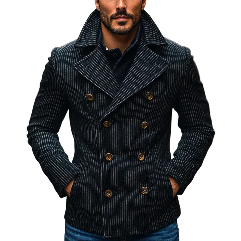 Men's Striped Casual Double Breasted Lapel Jacket MTA1351J4X sold by Manly