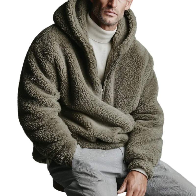 Men's Casual Fashionable Hooded Zippered Teddy Fleece Loose Sweatshirt MTA1712J7K sold by Manly