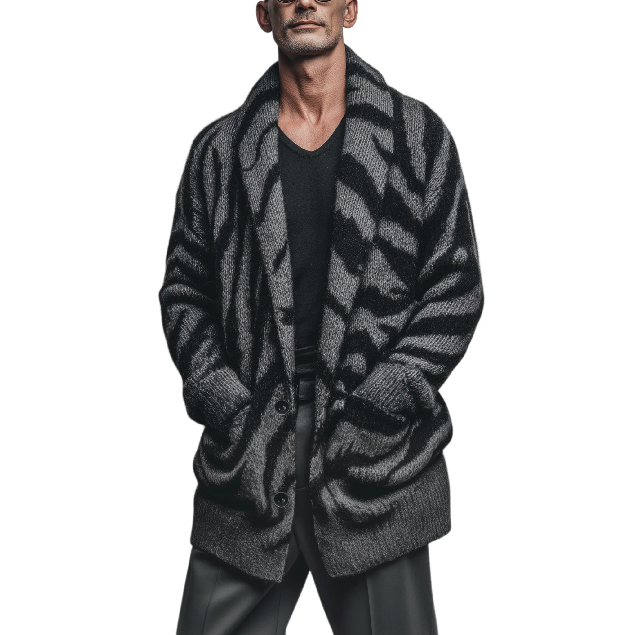 Men's Classic Fashionable Lapel Zebra Print Thigh-length Knitted Cardigan MTA1721J0K sold by Manly