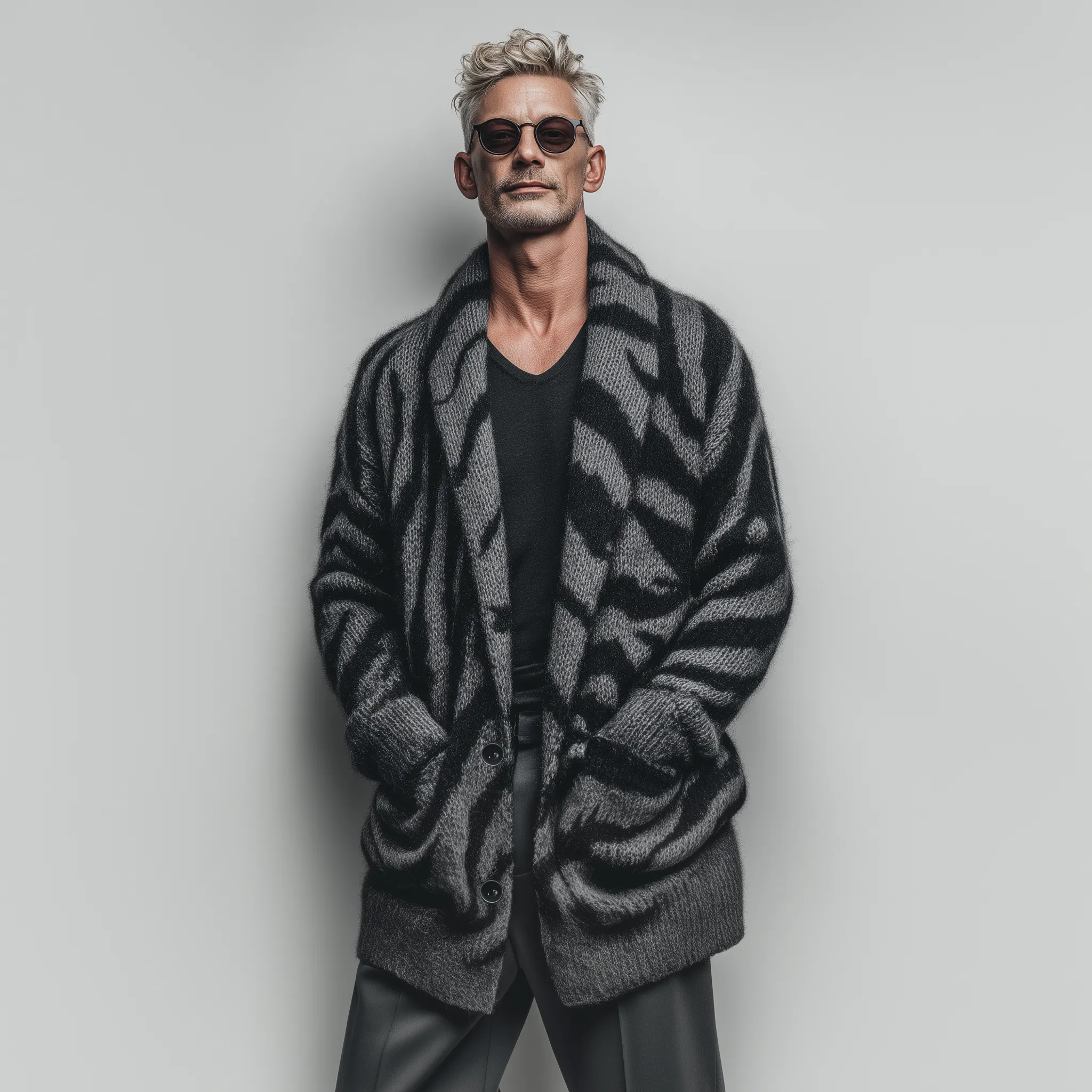 Men's Classic Fashionable Lapel Zebra Print Thigh-length Knitted Cardigan MTA1721J0K sold by Manly product image thumbnail 2