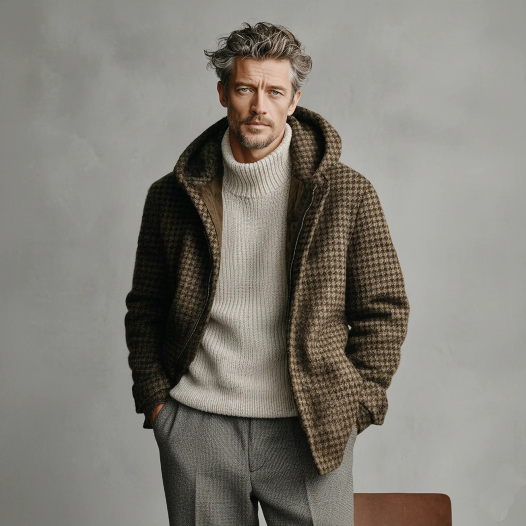 Men's Classic Light Business Hooded Zipper Faux Houndstooth Wool Jacket MTA1758J7K sold by Manly product image thumbnail 3