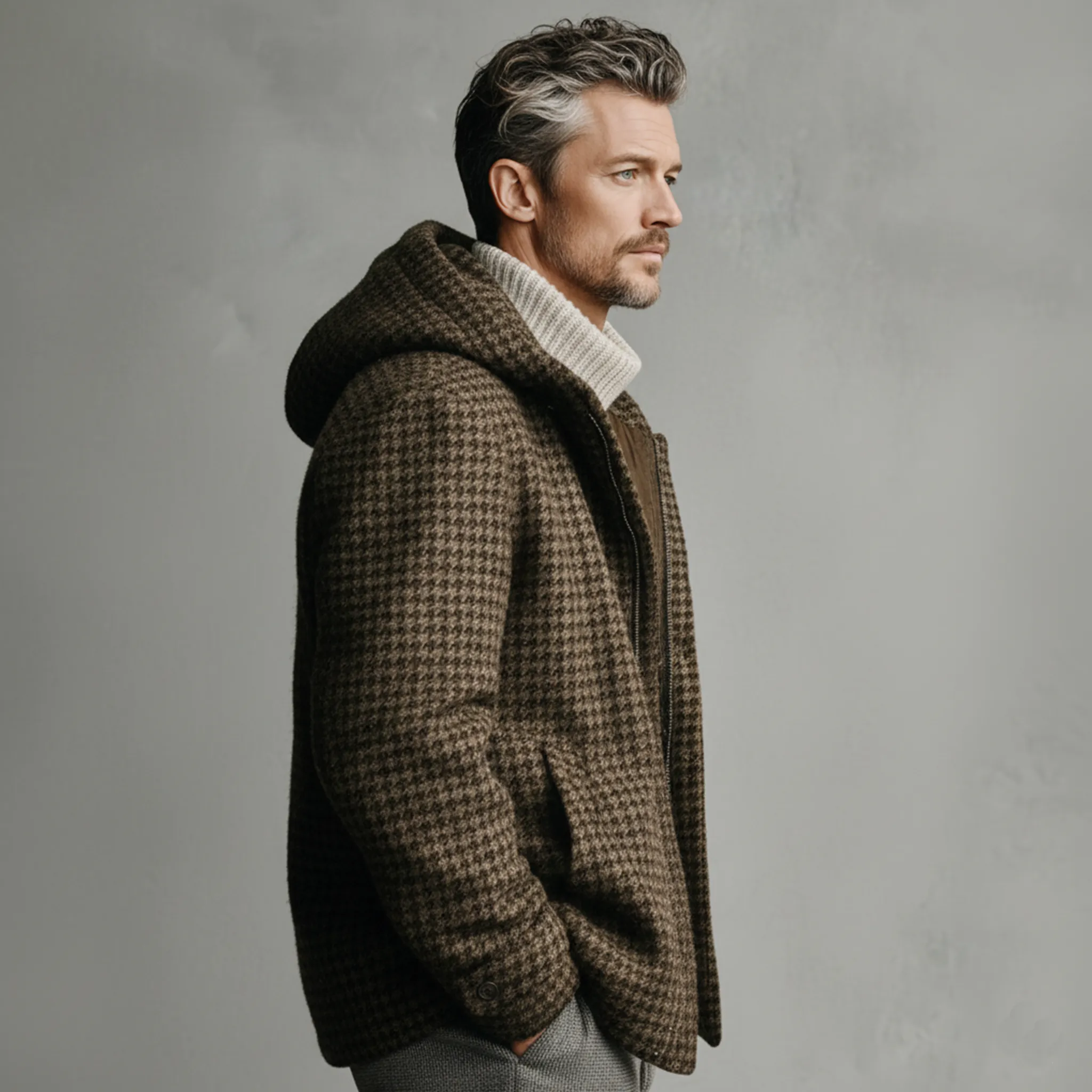 Men's Classic Light Business Hooded Zipper Faux Houndstooth Wool Jacket MTA1758J7K sold by Manly product image thumbnail 4