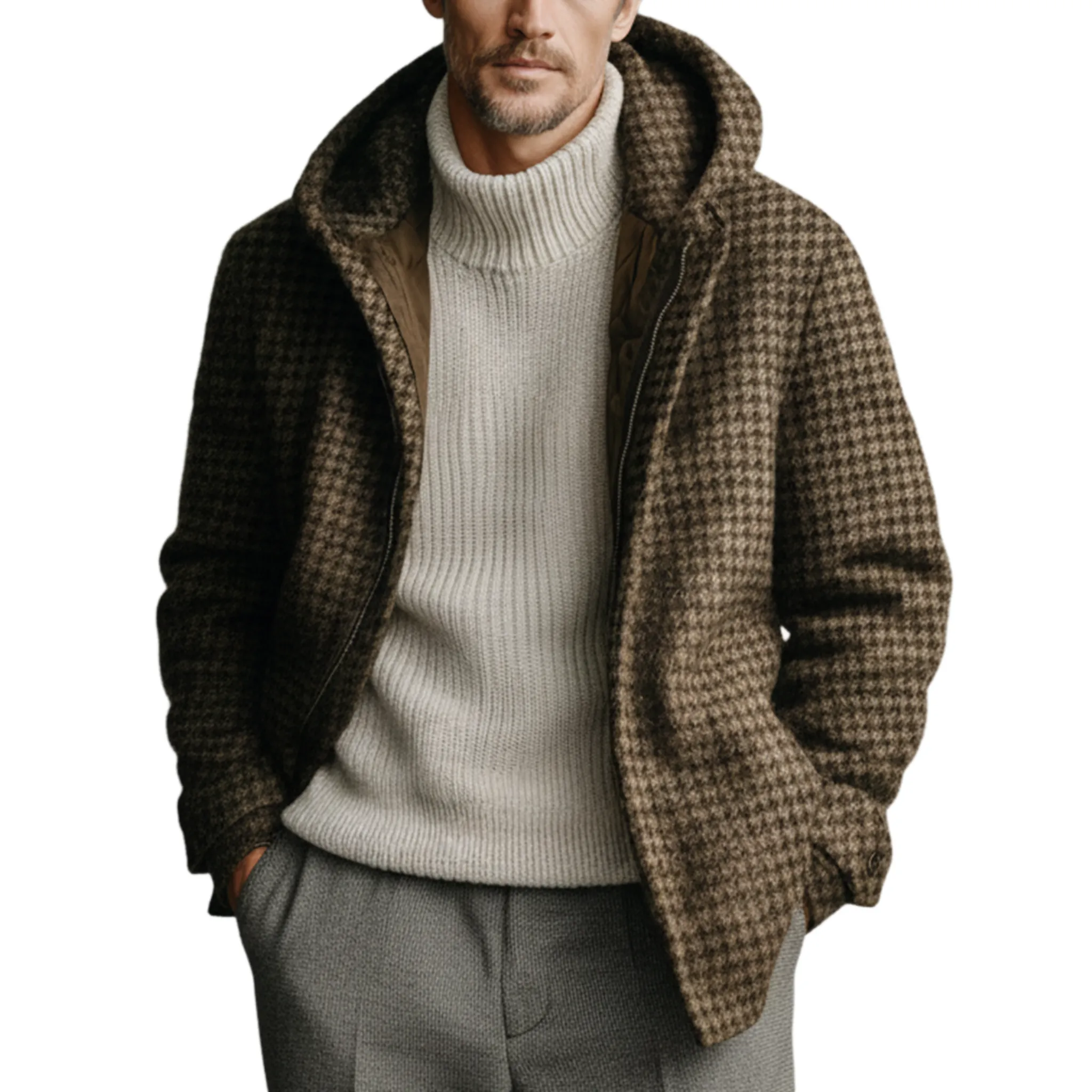 Men's Classic Light Business Hooded Zipper Faux Houndstooth Wool Jacket MTA1758J7K sold by Manly