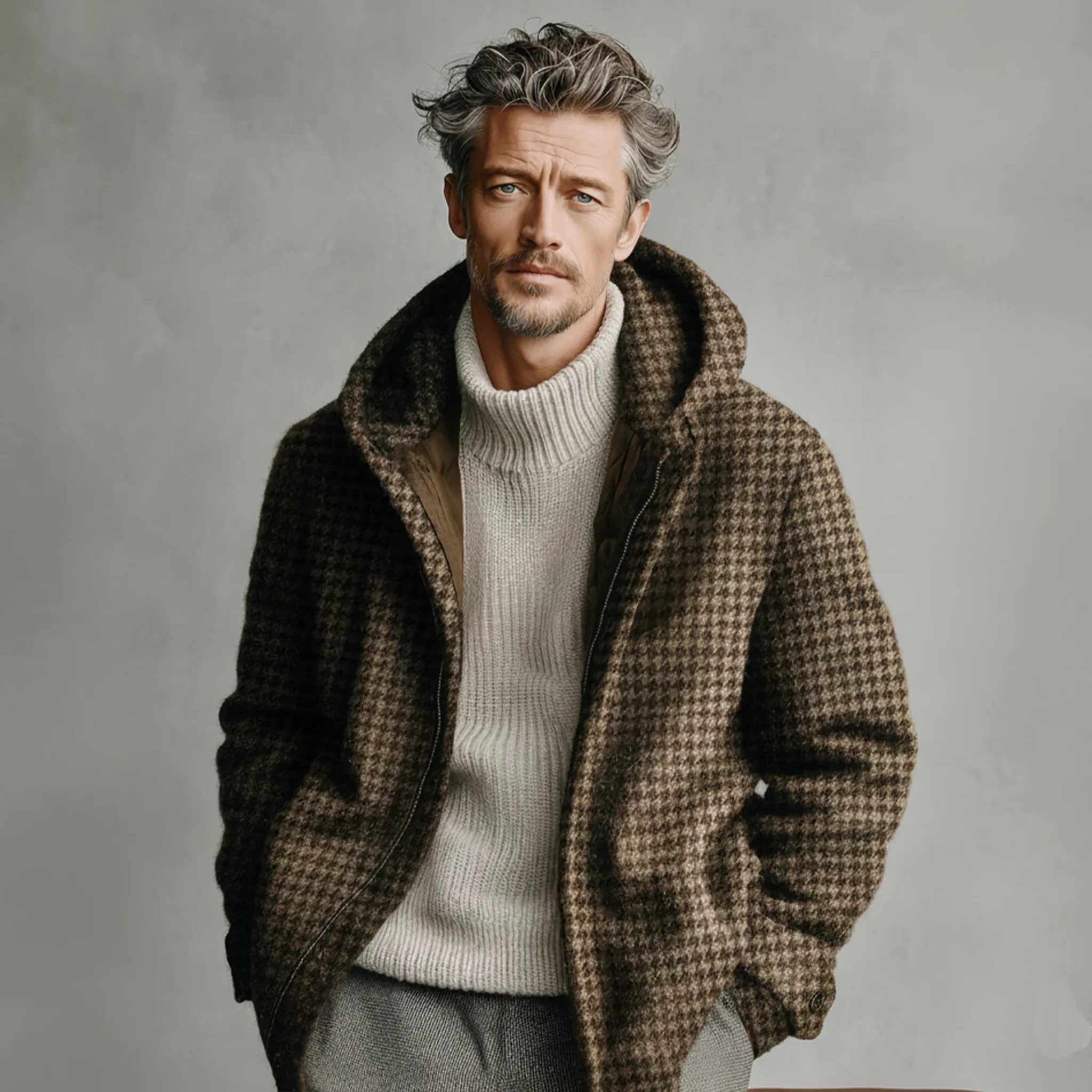 Men's Classic Light Business Hooded Zipper Faux Houndstooth Wool Jacket MTA1758J7K sold by Manly product image thumbnail 2