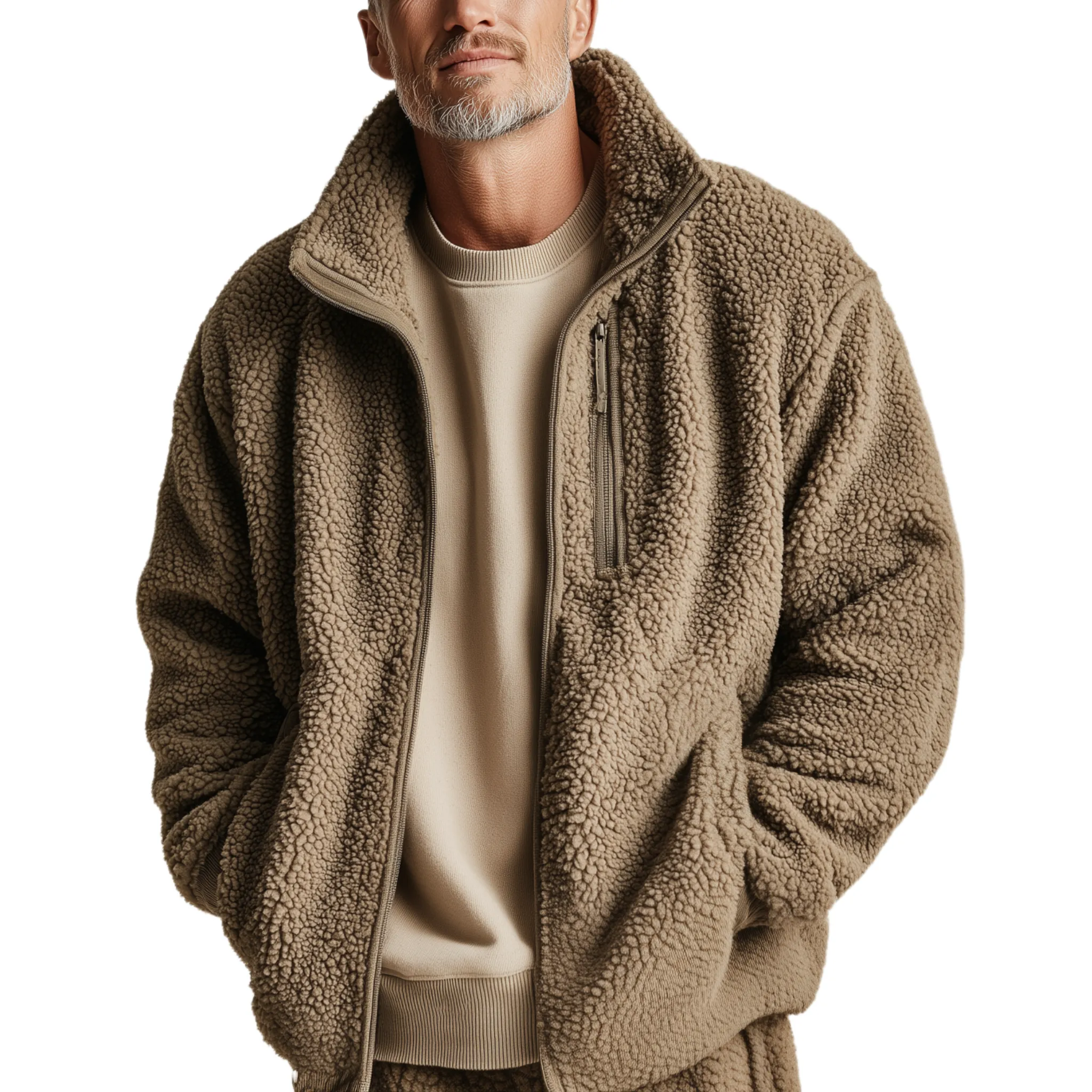 Men's Classic Casual Stand Collar Zipper Teddy Fleece Jacket MTA1732J6K sold by Manly