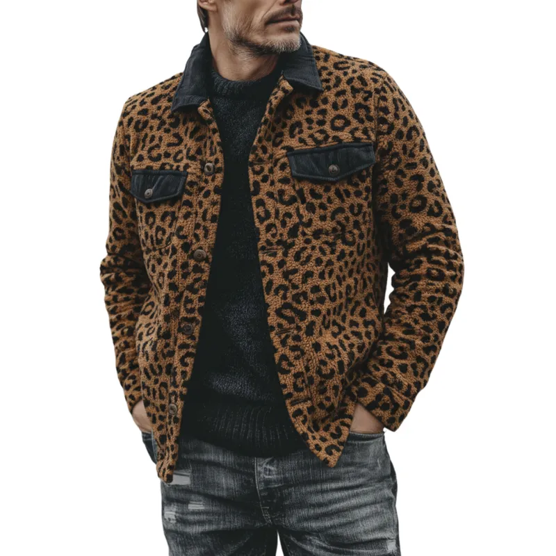 Men's Classic Casual Corduroy Collar And Flap Leopard Print Teddy Jacket MTA1714J6K sold by Manly