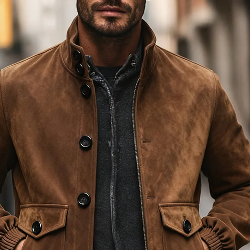 Men's Vintage Faux Suede Solid Color Stand Collar Jacket MTA1755J0X sold by Manly product image thumbnail 3