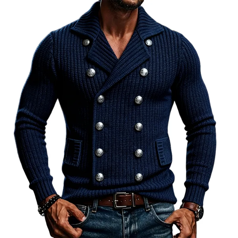 Men's Solid Color Vintage Knitted Double-breasted Lapel Cardigan MTA1765J5X sold by Manly