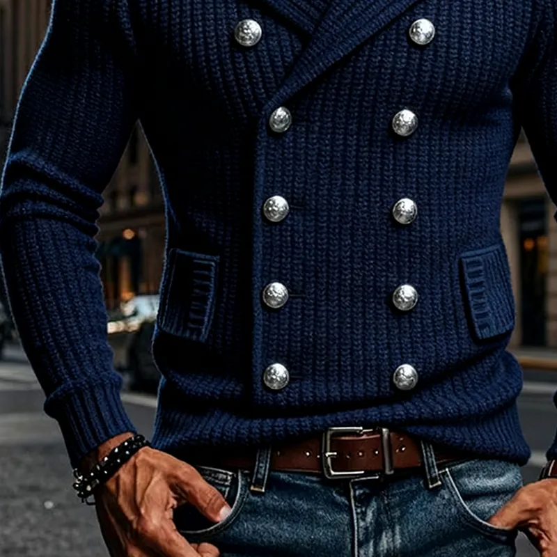 Men's Solid Color Vintage Knitted Double-breasted Lapel Cardigan MTA1765J5X sold by Manly product image thumbnail 4