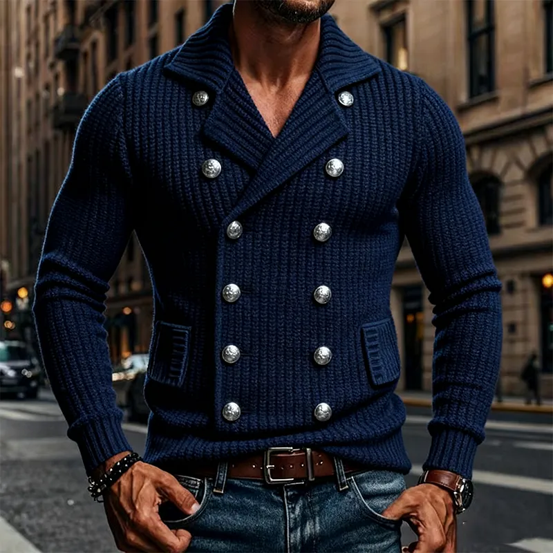 Men's Solid Color Vintage Knitted Double-breasted Lapel Cardigan MTA1765J5X sold by Manly product image thumbnail 2