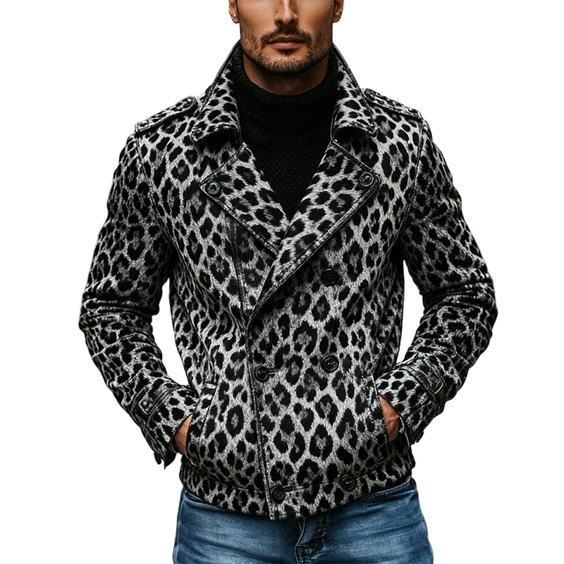 Men's Vintage Leopard Print Double Breasted Biker Jacket MTA1644J9X sold by Manly
