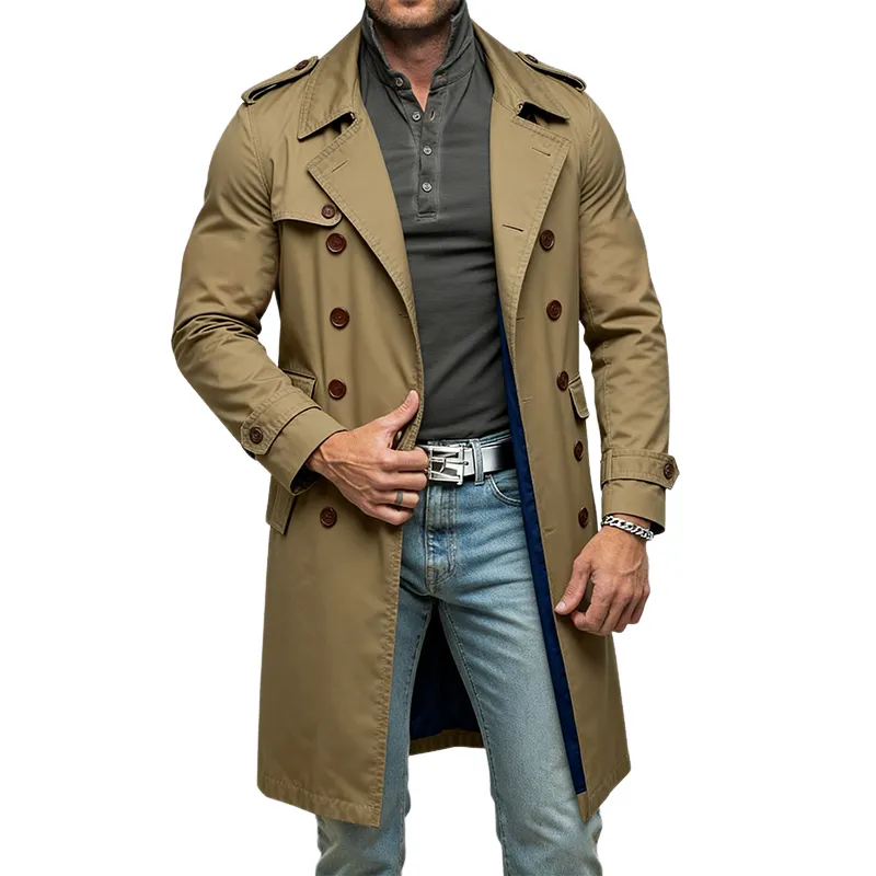 Men's Casual Cotton Lapel Double-breasted Long Trench Coat MTA1768J9X sold by Manly