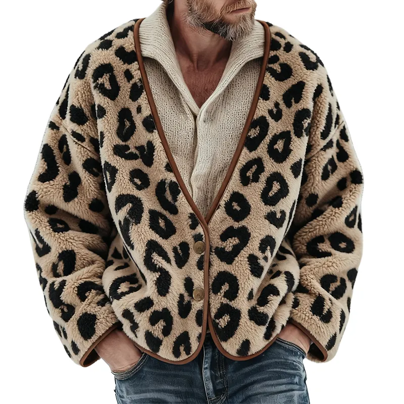 Men's Vintage Casual Leopard Fleece Button-Down Collarless Jacket MTA1680J0TO sold by Manly