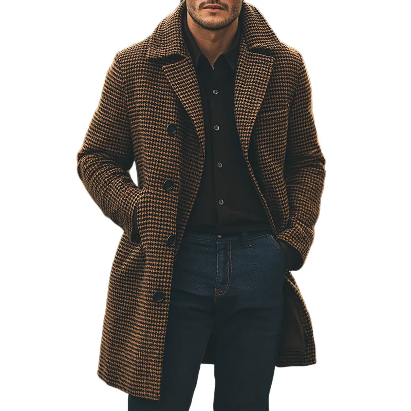 Men's Retro Casual Plaid Lapel Double-Breasted Mid-Length Coat MTA1634J2TO sold by Manly